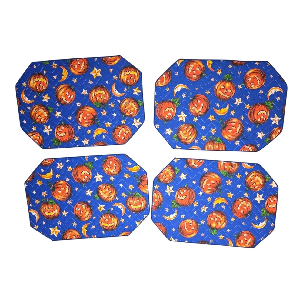 Set of 4 Vintage Halloween Jack-O'-Lantern Quilted Fabric Placemats Pumpkin Moon